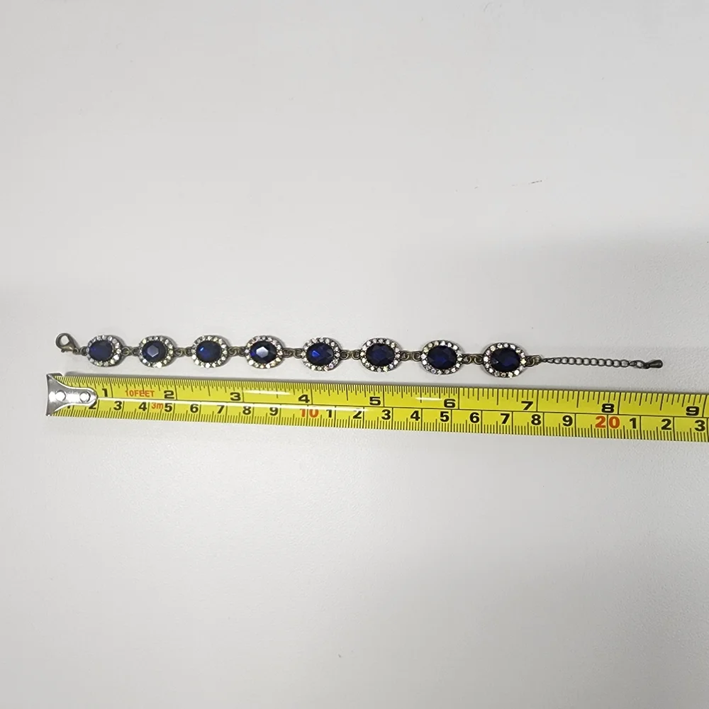 Sapphire Blue Oval & Aurora Borealis Rhinestone Crystal Bracelet Antique-Gold